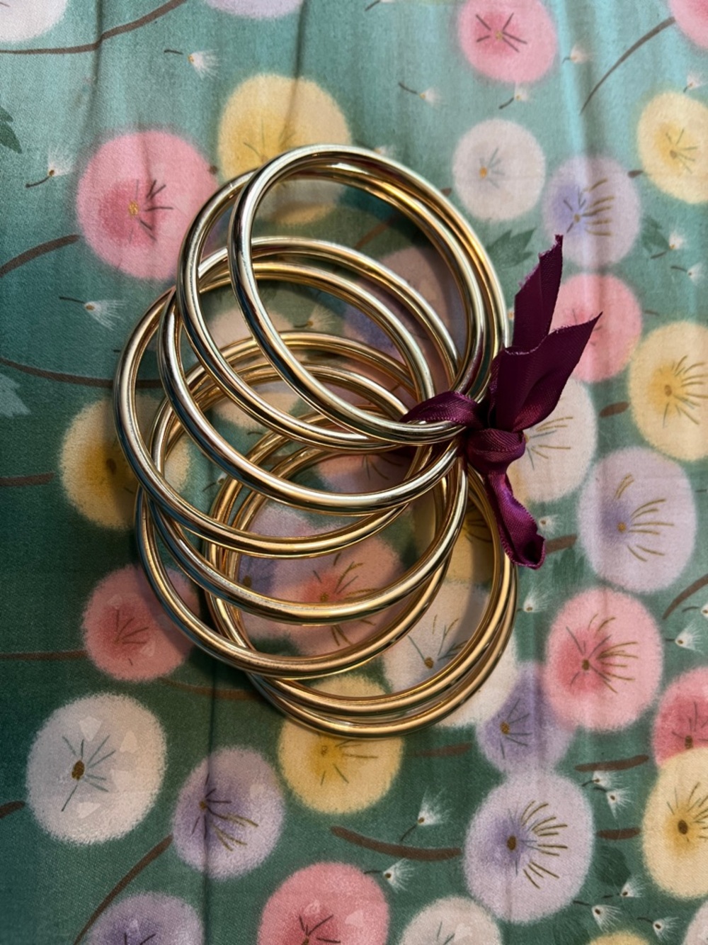 Zara Gold Tone Stackable Bangle Bracelet Set with Plum Ribbon